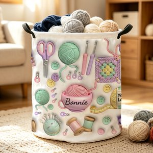 Personalised 3D Effect Yarn Crochet Hook Knitted Pattern Large Waterproof Laundry Storage Basket with Name and Handle Birthday Gift for Knitting Lover