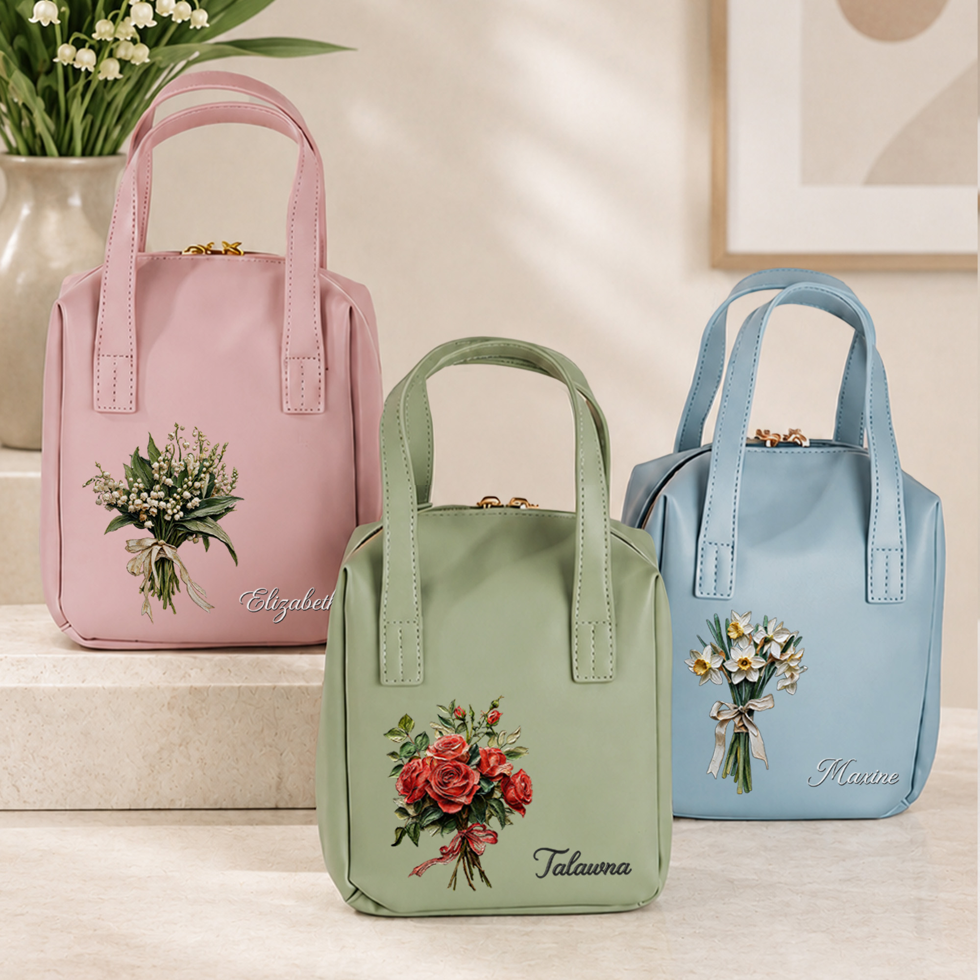 Individuell gestaltete Kosmetiktasche aus PU-Leder im Ölgemälde-Stil mit Geburtsblume, Griff und Namenszug – Reisezubehör und Geburtstagsgeschenk für Frauen und Mädchen
