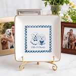 Plato decorativo de cerámica personalizado con foto de mascota, estilo porcelana azul y blanca, con nombre; regalo de cumpleaños o conmemorativo para los amantes de las mascotas