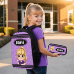 Personalized Gradient Sequin Cartoon Kid Character Backpack Lunch Bag Pencil Case Set of 3 with Name Back to School Birthday Gift for Boys Girls