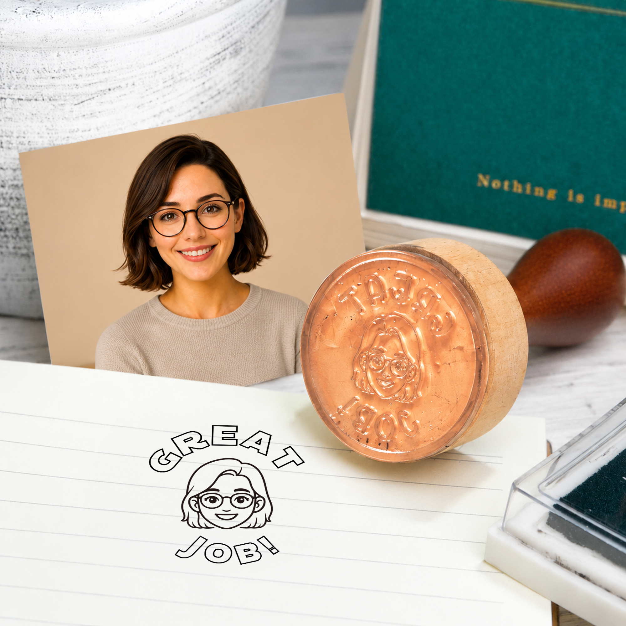 Personalisierter Stempel mit Lehrerporträt und Text – Selbstfärbender Stempel als Geschenk zum Schulanfang und zum Lehrertag für Pädagogen und Lehrer