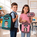Personalized Gradient Sequin Cartoon Kid Character Backpack Lunch Bag Pencil Case Set of 3 with Name Back to School Birthday Gift for Boys Girls