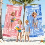 Individuell gestaltetes Strandtuch im Cartoon-Stil mit Wortwolke, schnell trocknend, übergroß, mit Namen – Sommerreise- und Geburtstagsgeschenk für Kinder und die ganze Familie
