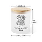 Tarro de cristal esmerilado con foto de mascota en dibujo lineal personalizado, con nombre y texto; regalo conmemorativo de condolencia para propietarios de mascotas y amigos