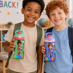 Personalisierte 16-oz-Trinkflasche für Kinder im Cartoon-Stil mit Namen und Strohhalm – für den täglichen Gebrauch, zum Schulanfang oder als Geburtstagsgeschenk für Jungen und Mädchen