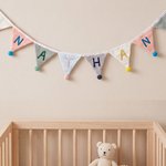Personalised Multicolour Name Hangable Triangle Banner Pennant with Fluff Balls Home Decor Birthday Baby Shower Gift for Kids Parents