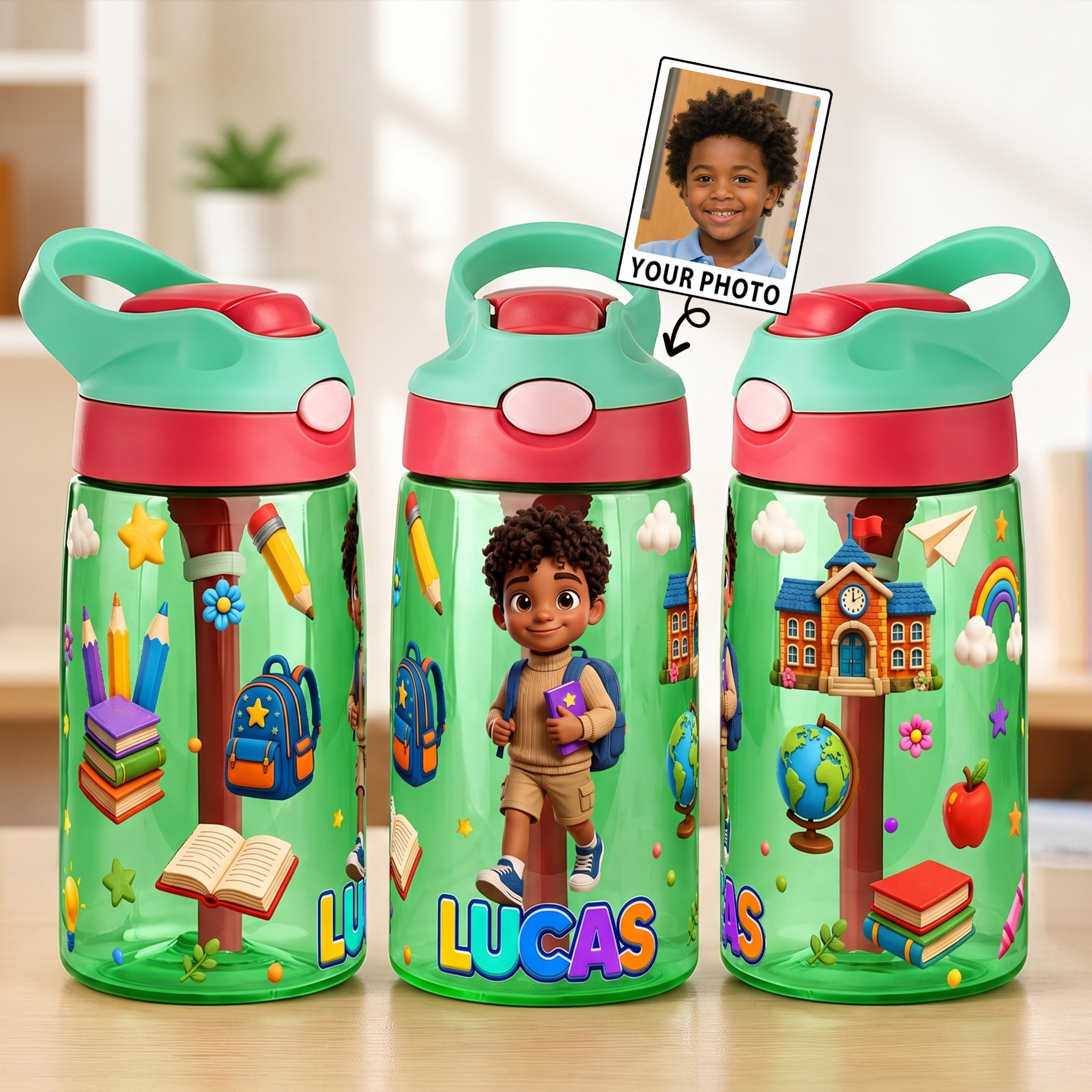 Personalisierte 16-oz-Trinkflasche für Kinder im Cartoon-Stil mit Namen und Strohhalm – für den täglichen Gebrauch, zum Schulanfang oder als Geburtstagsgeschenk für Jungen und Mädchen