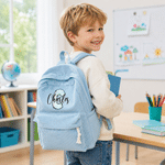 Gepersonaliseerde rugzak van veelkleurig corduroy met cartoon-initiaal en naam – voor dagelijks gebruik, terug naar school, verjaardagscadeau voor kinderen en peuters
