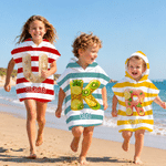 Personalised Tropical Summer Initial Multicolour Stripe Soft Quick Dry Hooded Beach Towel with Name Beach Swimming Pool Summer Holiday Gift for Kids