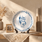 Gepersonaliseerd keramisch bord in blauw-witte porseleinstijl met foto van huisdier, naam en standaard – woondecoratie, herdenkingscadeau of verjaardagscadeau voor huisdiereigenaren