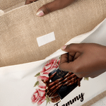 Personalized Black Girl Nail Art Birth Flower Large Jute Tote Bag with Name Birthday Anniversary Baptism Gift for Christian