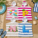Personalised Tropical Summer Initial Multicolour Stripe Soft Quick Dry Hooded Beach Towel with Name Beach Swimming Pool Summer Holiday Gift for Kids