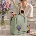 Personalised Oil Painting Style Birth Flower PU Leather Makeup Bag with Handle and Name Travel Accessories Birthday Gift for Women Girls