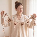 Personalised Multicolour Name Hangable Triangle Banner Pennant with Fluff Balls Home Decor Birthday Baby Shower Gift for Kids Parents