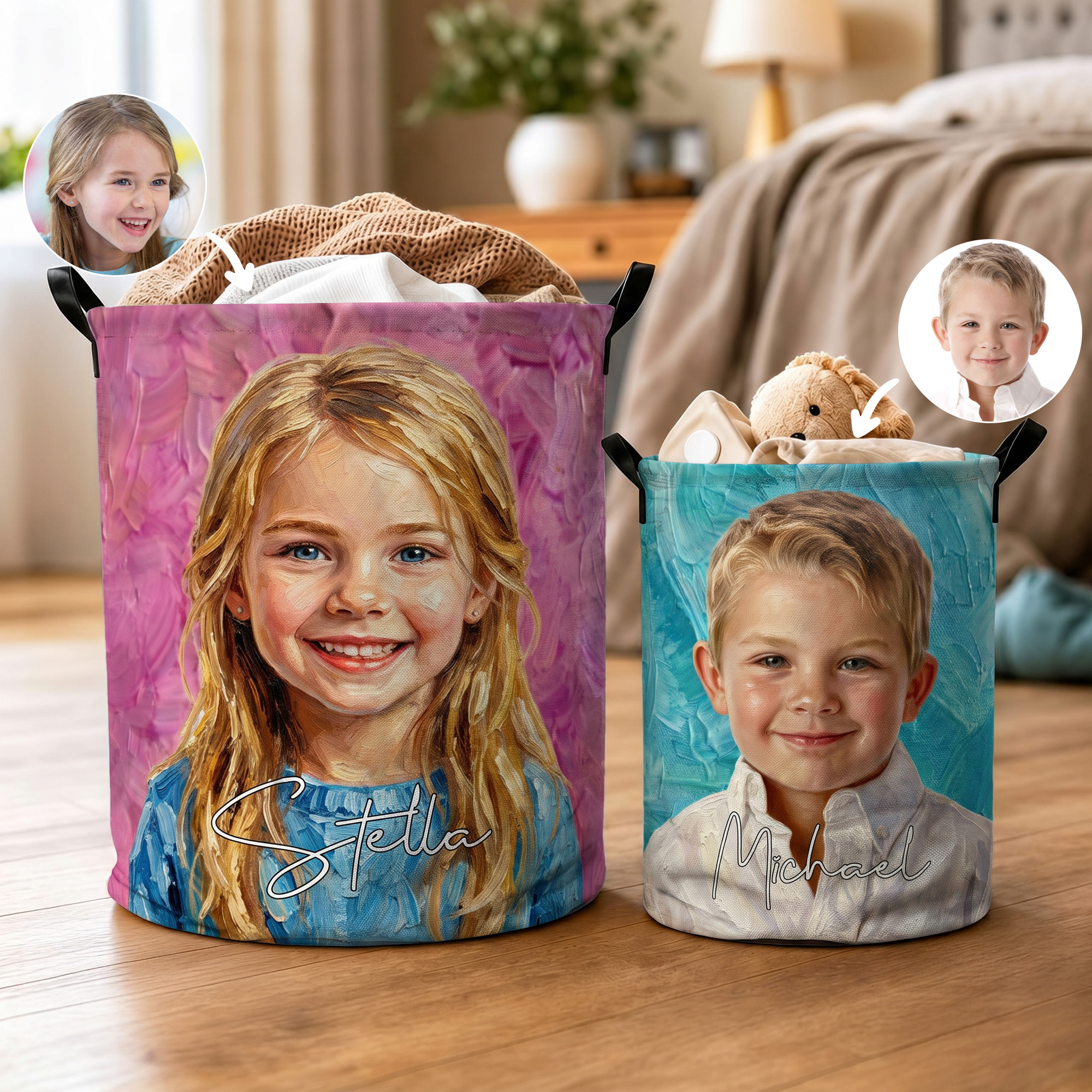 Individuell gestalteter, wasserfester Wäschekorb im Ölgemälde-Stil mit Namen – Raumdekoration und Geburtstagsgeschenk für Kinder, Jungen und Mädchen