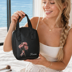 Personalised Oil Painting Style Birth Flower PU Leather Makeup Bag with Handle and Name Travel Accessories Birthday Gift for Women Girls