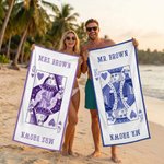 Personalised King Queen Playing Card Colourful Quick Dry Beach Towel with Title and Surname Birthday Honeymoon Anniversary Gift for Bride Groom Couple