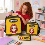 Personalized Gradient Sequin Cartoon Kid Character Backpack Lunch Bag Pencil Case Set of 3 with Name Back to School Birthday Gift for Boys Girls