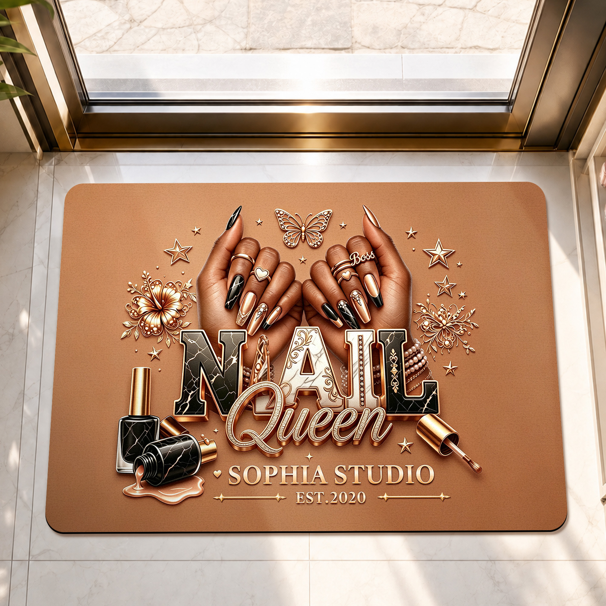 Individuell gestaltete, luxuriöse Nagelkunst-Fußmatte mit rutschfester Oberfläche – mit Titel, Name, Jahr, Workshop, Dekoration, Nagelstudio, Jubiläum, Geburtstag – Geschenk für Nagelkünstlerinnen