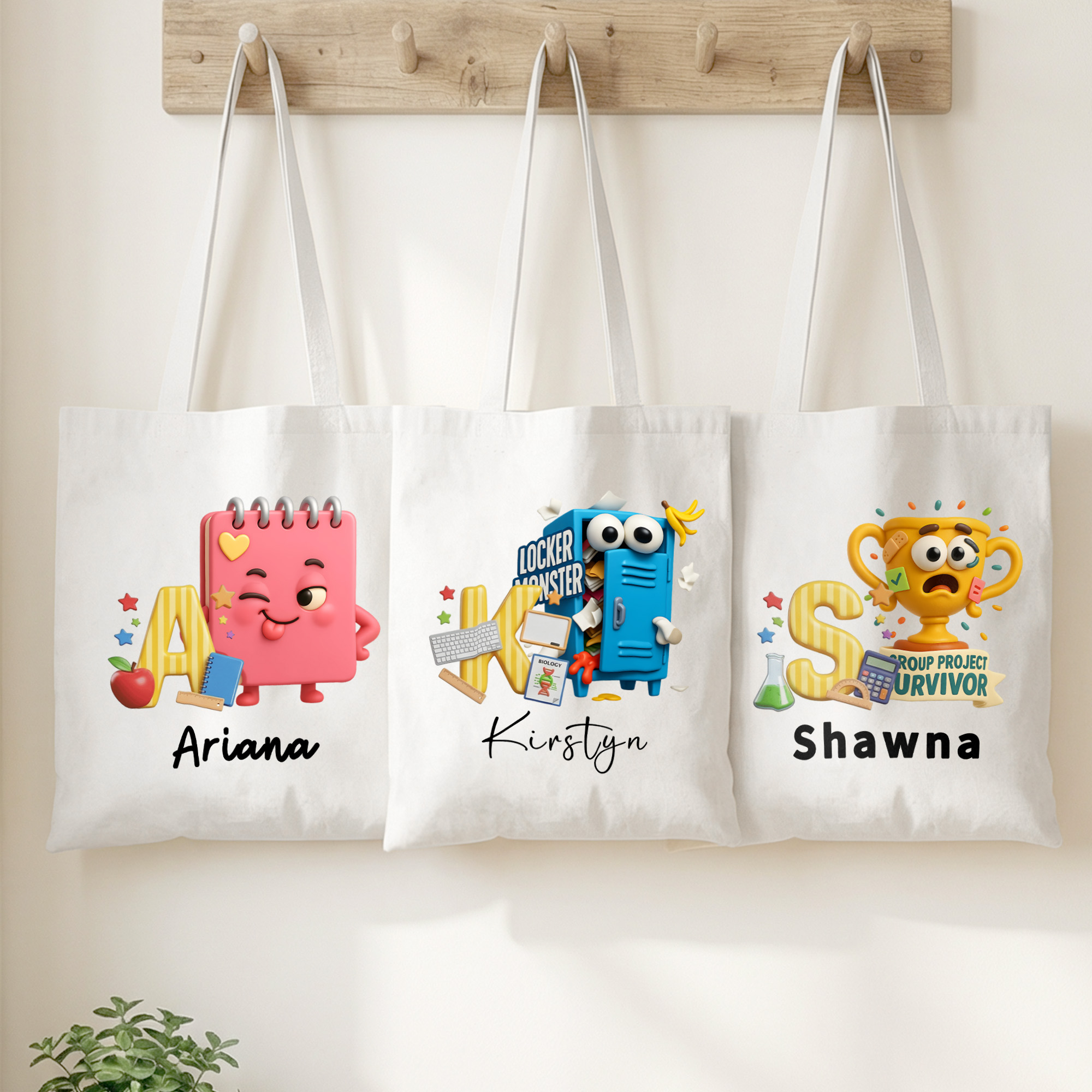 Personalisierte Notebook-Trophäe im Cartoon-Design – Stofftasche mit Namen für den täglichen Gebrauch, als Geschenk zum Schulanfang oder zum Lehrertag