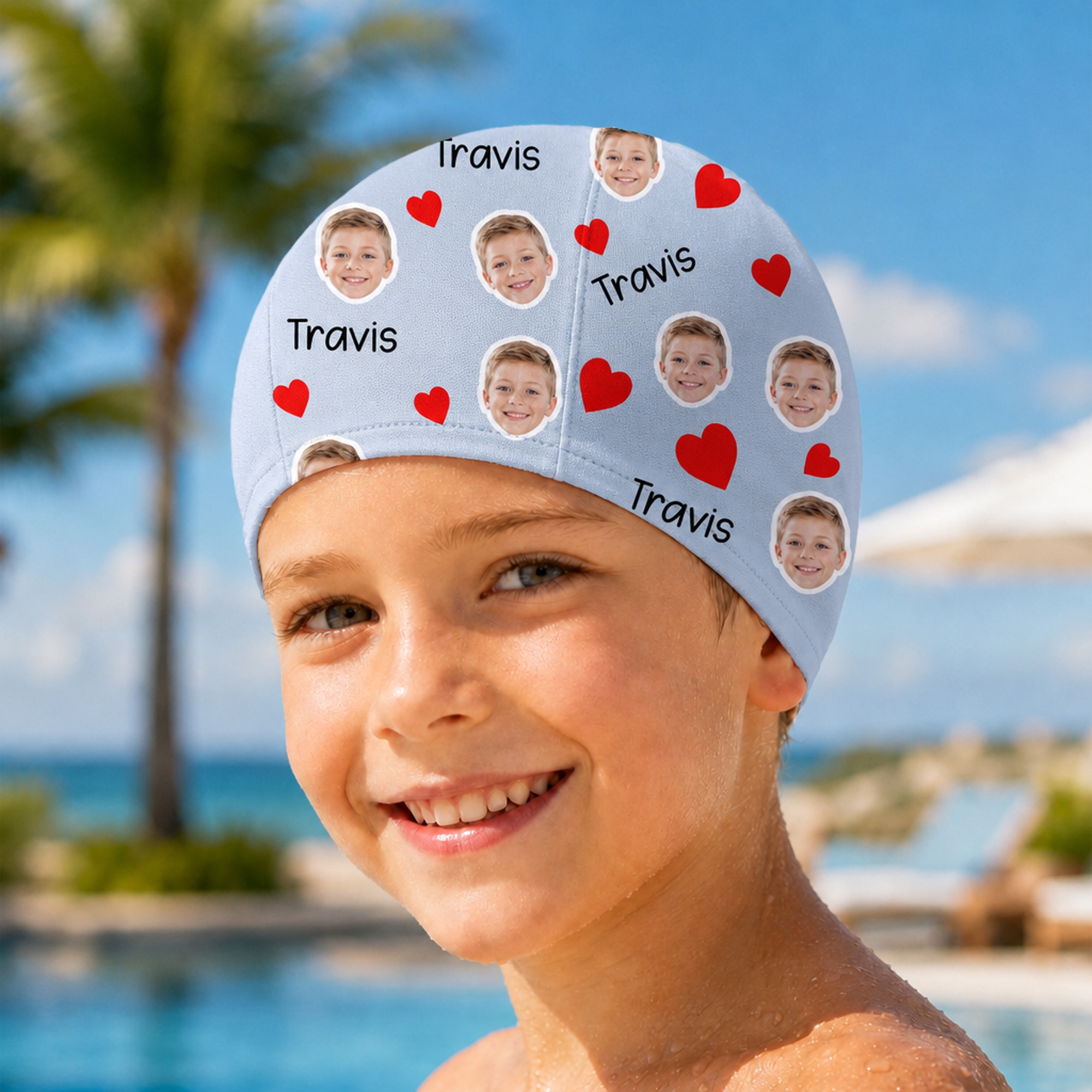 Individuell gestaltete, farbenfrohe Badekappe mit lustigem Gesicht und Namen – bequemes Schwimm-Accessoire, perfekt als Geschenk für Poolpartys, zum Schwimmen oder zum Geburtstag – für Männer, Frauen,