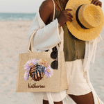 Personalized Black Girl Nail Art Birth Flower Large Jute Tote Bag with Name Birthday Anniversary Baptism Gift for Christian