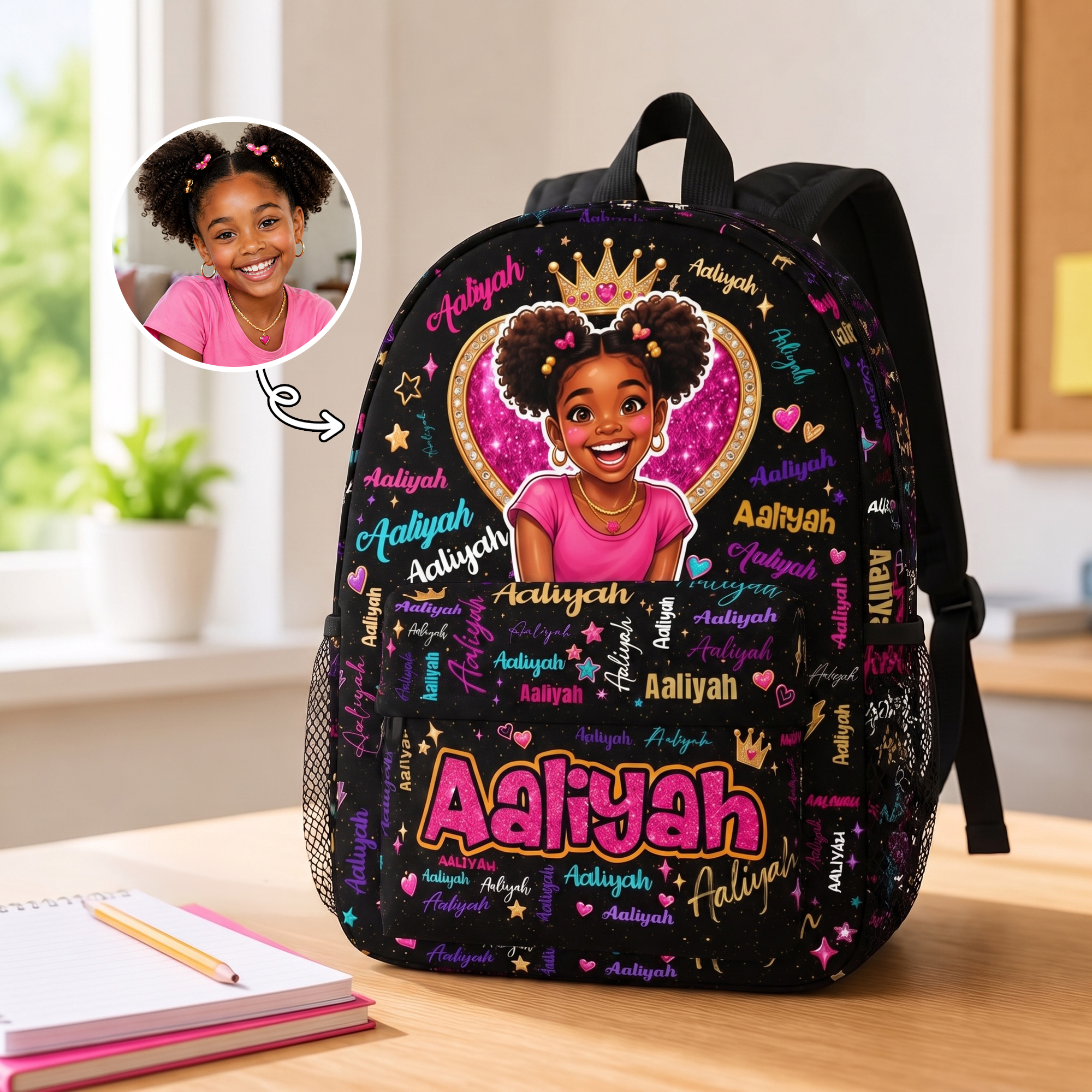 Individuell gestalteter Rucksack mit Sternen-Cartoon-Motiv und Fotowortwolke – geräumiger Kinderrucksack mit Namensaufdruck – Schulanfangs- und Geburtstagsgeschenk für Jungen und Mädchen