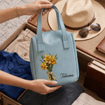 Personalised Oil Painting Style Birth Flower PU Leather Makeup Bag with Handle and Name Travel Accessories Birthday Gift for Women Girls