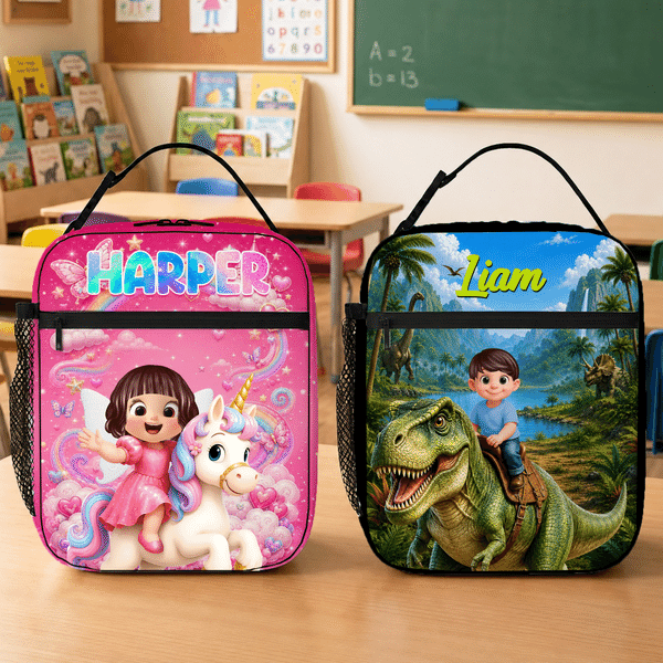 Personalized Cartoon Kid Character Dinosaur Fantasy Unicorn Insulated Lunch Bag with Name Daily Travel Back to School Birthday Gift for Kids Students