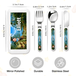 Personalised Fantasy Unicorn Dinosaur Safe Stainless Steel Fork Spoon Knife 3 Pcs Cutlery Set with Name and Case Back to School Birthday Gift for Kid