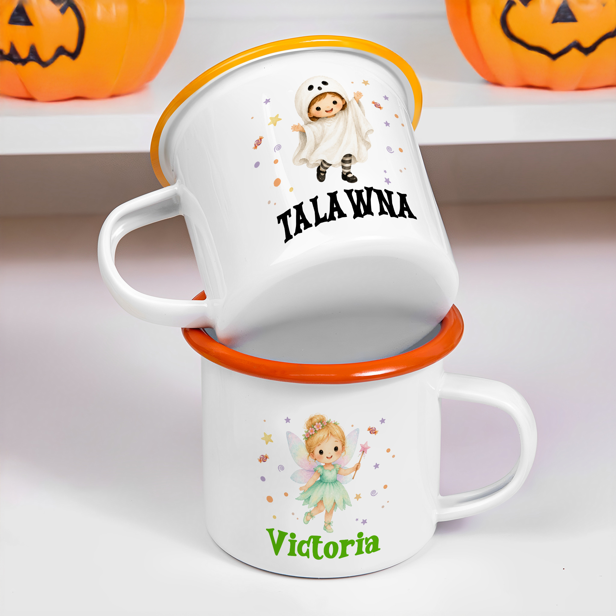 Personalisierte Emaille-Tasse (12 oz) mit Kürbis-Geist-Cartoon-Figur und Namen – Halloween-Geschenk für Kinder zum täglichen Gebrauch