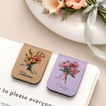 Marcapáginas magnético personalizado de cuero PU con diseño de flor de nacimiento pintado al óleo en varios colores y con el nombre, ideal para uso diario y como regalo de cumpleaños para los amantes 