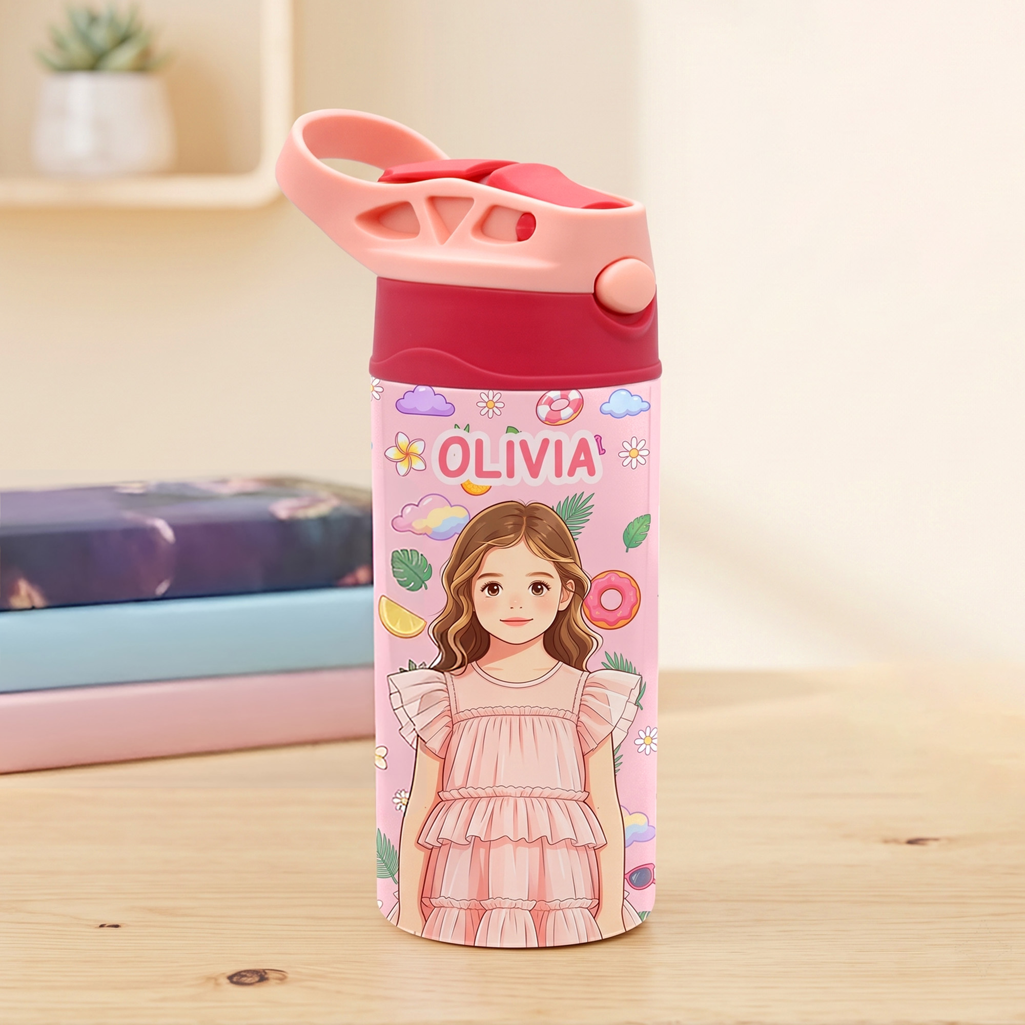 Personalisierte, mehrfarbige 12-oz-Isoliertrinkflasche für Kinder mit Bagger-Motiv, Namen und Foto – Geschenk zum Schulanfang oder Geburtstag für Jungen, Mädchen und Kinder