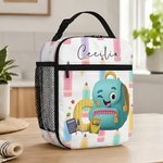 Personalized School Cartoon Pattern Waterproof Lunch Bag with Name and Initial Back to School Birthday Gift for Kids Students
