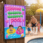 Gepersonaliseerd welkomstbord in neonstijl met cartoonkarakter voor bij het zwembad, met naam, decoratie voor het zwembad, verjaardagscadeau voor grootouders en familie