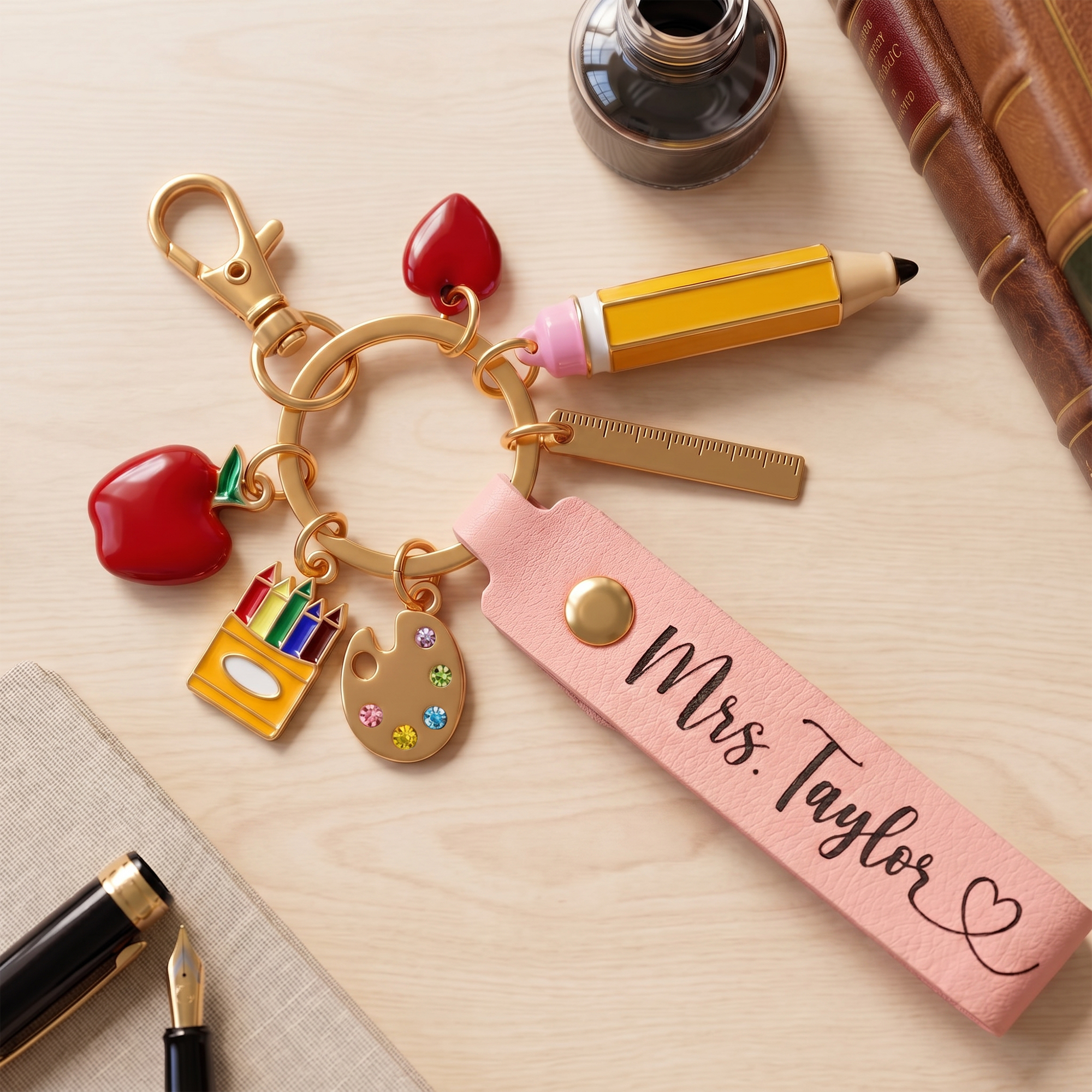 Personalisierter Schlüsselanhänger mit Apple Pencil-Anhänger im Schulmotiv und Namensgravur – Geschenk zum Schulanfang und zum Lehrertag als Dankeschön für Lehrer