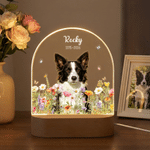 Personalized Floral Pet Photo Acrylic LED Night Light with Name Date and Wooden Base Home Decor Pet Memorial Sympathy Gift for Pet Owner