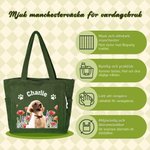 Personlig totebag i manchester med husdjursfoto och namn rymlig med fack perfekt gåva för djurvänner och resor