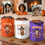 Personalised Halloween Cartoon Witch Hat Trick or Treat Bag with Name and Photo Halloween Party Gift for Kids