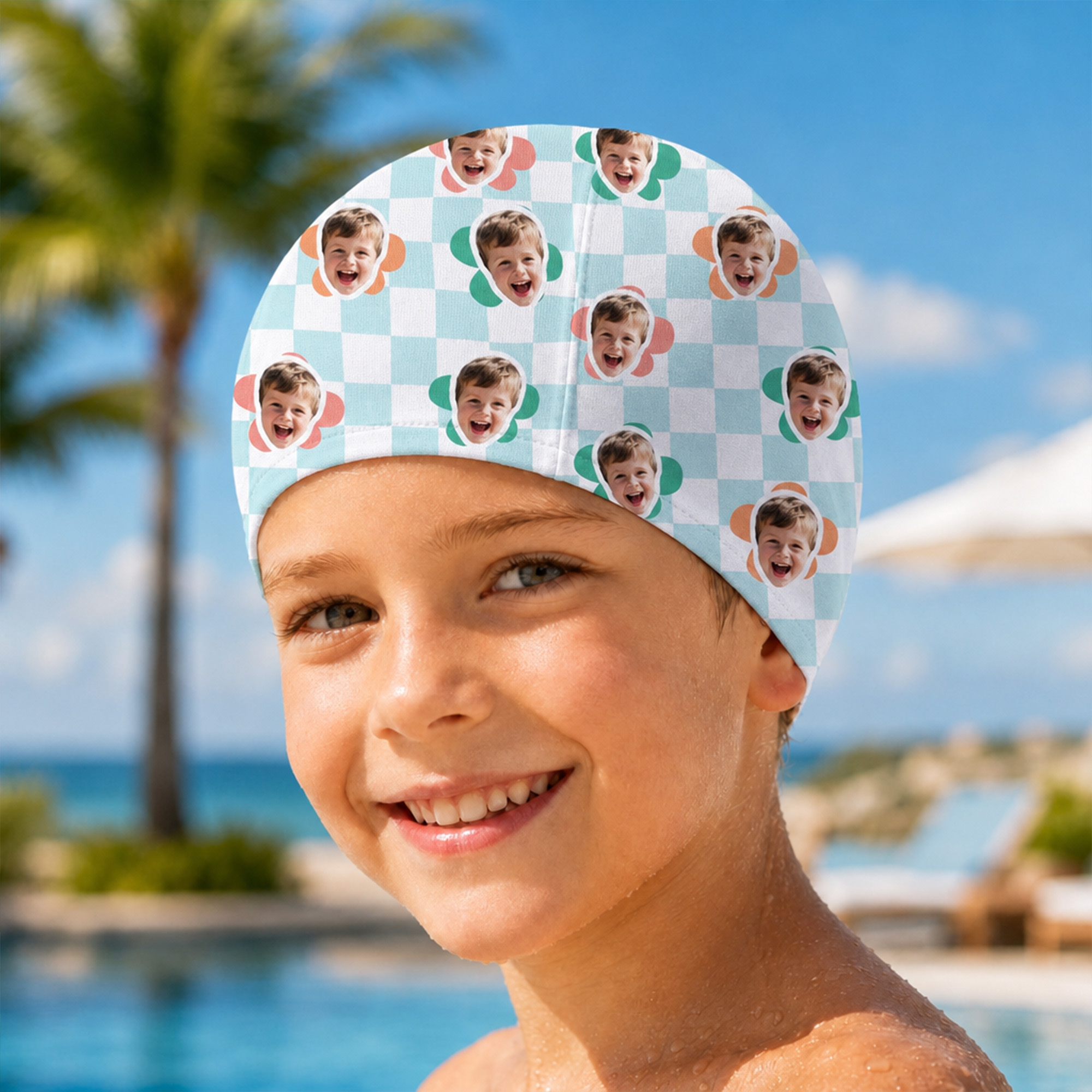 Individuell gestaltete, mehrfarbige Schwimmkappe mit Schachbrettmuster und Blumenmotiv – bequeme Schwimmkappe, Schwimmzubehör, Geburtstagsgeschenk für Männer, Frauen und Kinder