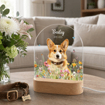 Personalized Floral Pet Photo Acrylic LED Night Light with Name Date and Wooden Base Home Decor Pet Memorial Sympathy Gift for Pet Owner
