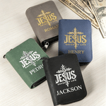 Portacarte personalizzato a forma di croce con la scritta “Jesus Saved My Life”, con nome e scomparti multipli per carte: regalo religioso per l’uso quotidiano, ideale per battesimi e compleanni, per 