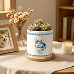 Personalized Blue and White Porcelain Style Pet Photo Ceramic Planter Pot with Name and Bamboo Tray Home Decor Memorial Birthday Gift for Pet Owner