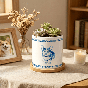 Personalized Blue and White Porcelain Style Pet Photo Ceramic Planter Pot with Name and Bamboo Tray Home Decor Memorial Birthday Gift for Pet Owner
