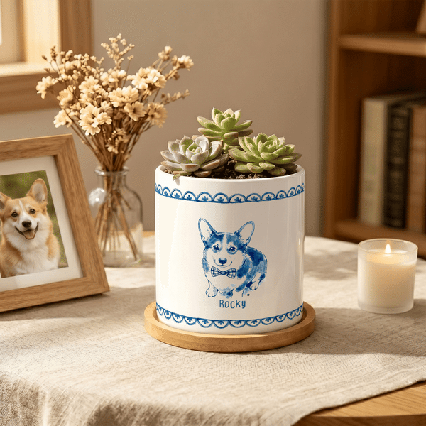 Personalized Blue and White Porcelain Style Pet Photo Ceramic Planter Pot with Name and Bamboo Tray Home Decor Memorial Birthday Gift for Pet Owner