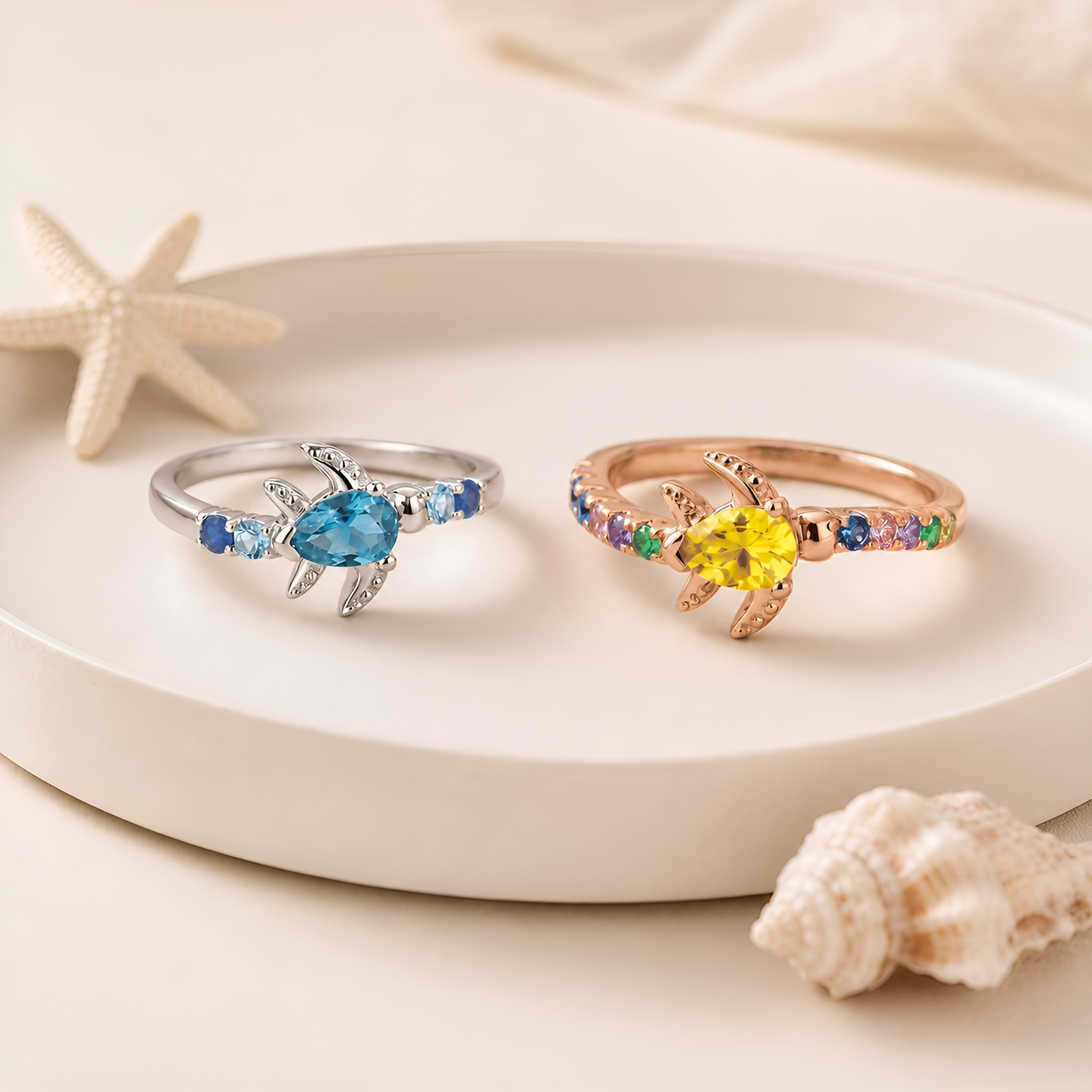 Personalisierter Sterling-Silber-Ring mit Meeresschildkröte und 1–8 kleinen Geburtssteinen – zierlicher Schmuck als Geschenk zum Muttertag, Geburtstag oder Jahrestag für Frauen, die das Meer lieben