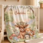 Personalised Forest Friends Highland Cow Rabbit Foxes Soft Throw Blanket with Name Nursery Decor Baby Shower Gift for Newborn
