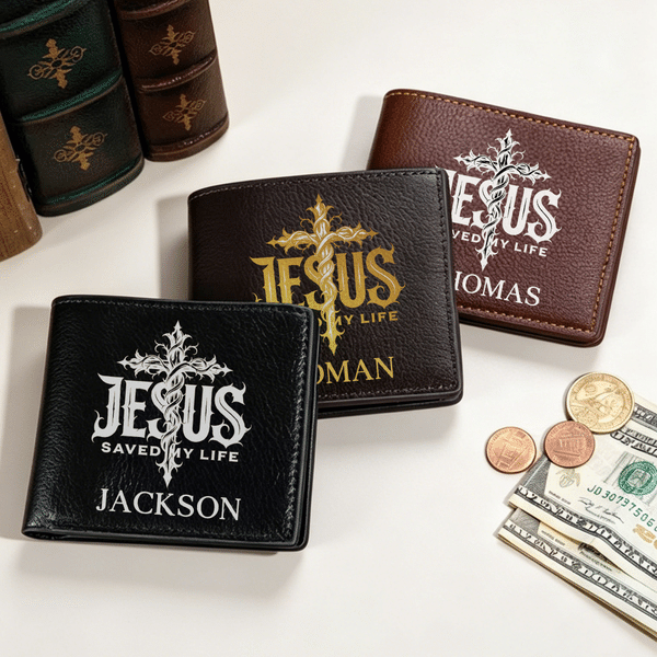 Personalized JESUS Saved My Life Cross PU Leather Wallet with Name Daily Use Birthday Baptism Gift for Christian Man