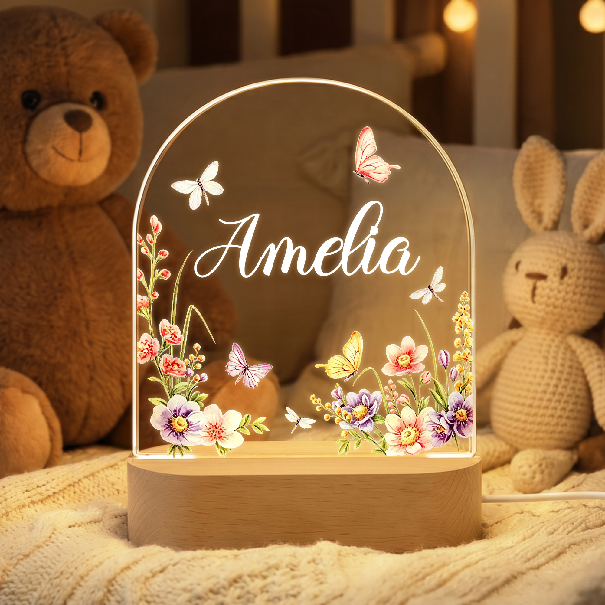 Individuell gestaltetes, niedliches LED-Nachtlicht aus Acryl mit Blumenmuster, Namen und Holzsockel – Raumdekoration und Geburtstagsgeschenk für Kinder und die ganze Familie