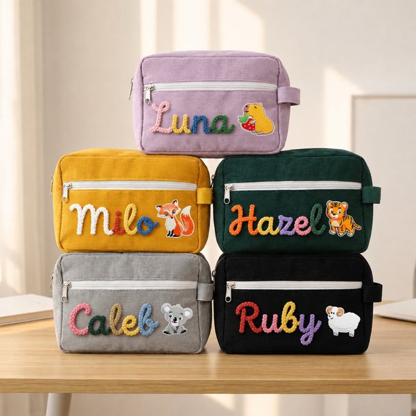 Personalized Cute Cartoon Animal Large Corduroy Pencil Case with Name Back to School Gift for Kids Students